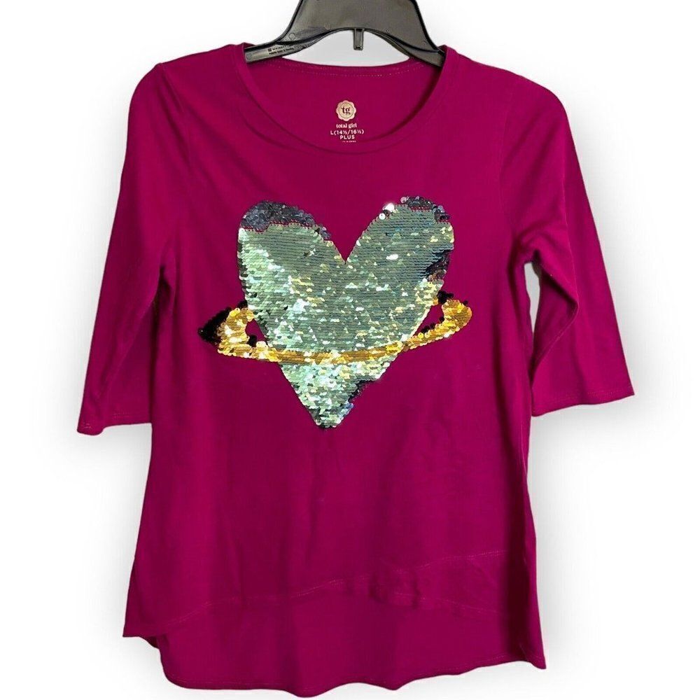 Total Girl Prink Sequin 3/4 Sleeve Blouse Size L 14-16 Saturn Ring Sequin Heart